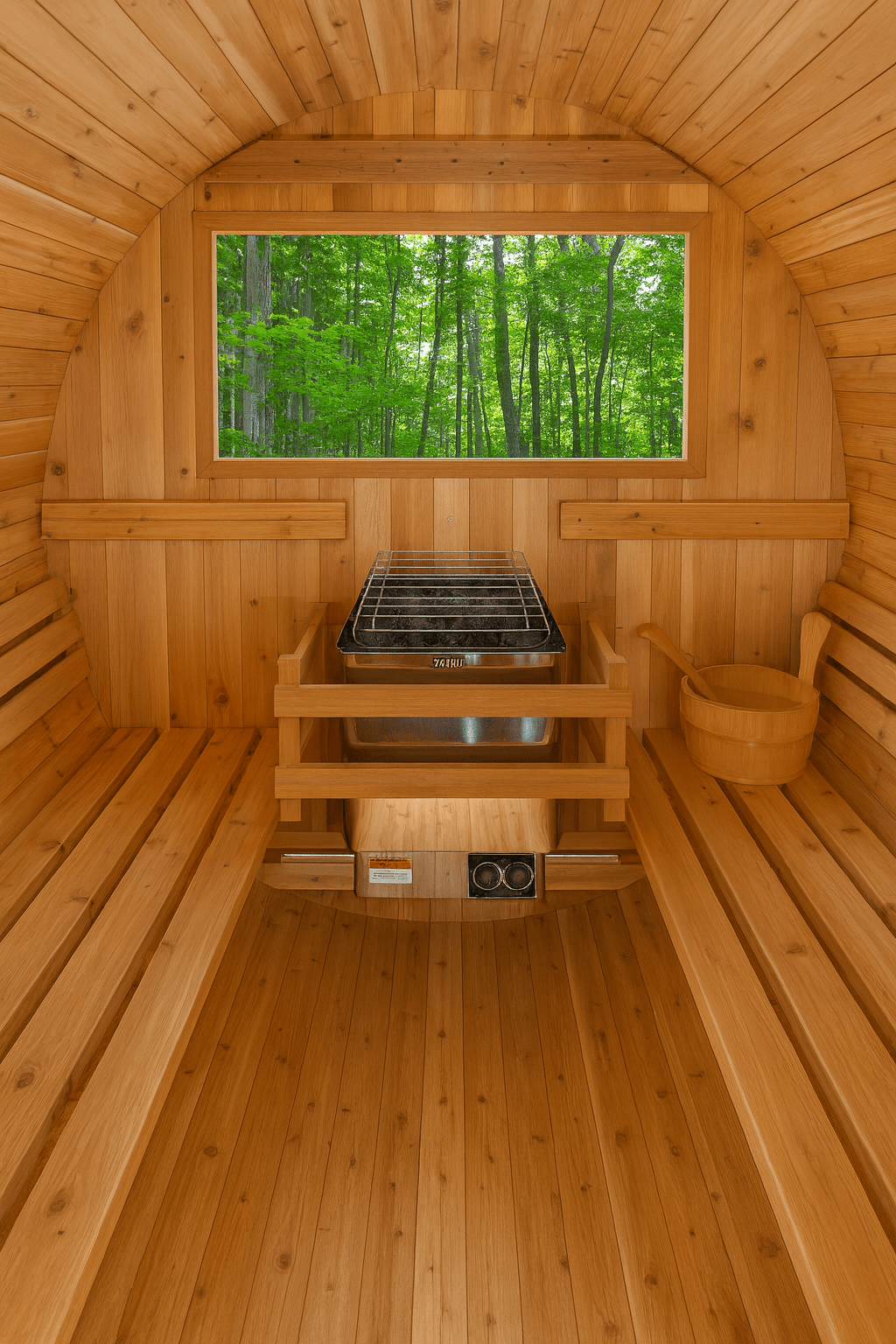 Harvia KIP30B electric sauna heater installed in a wooden sauna interior with a scenic view