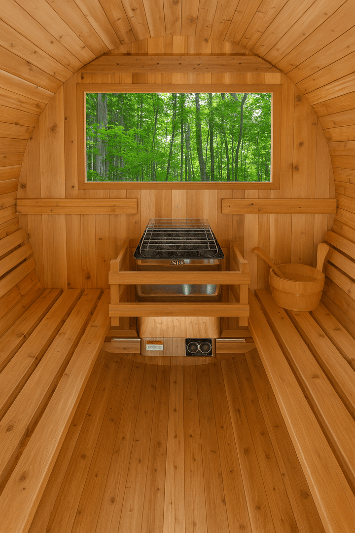 Harvia KIP30B electric sauna heater installed in a wooden sauna interior with a scenic view