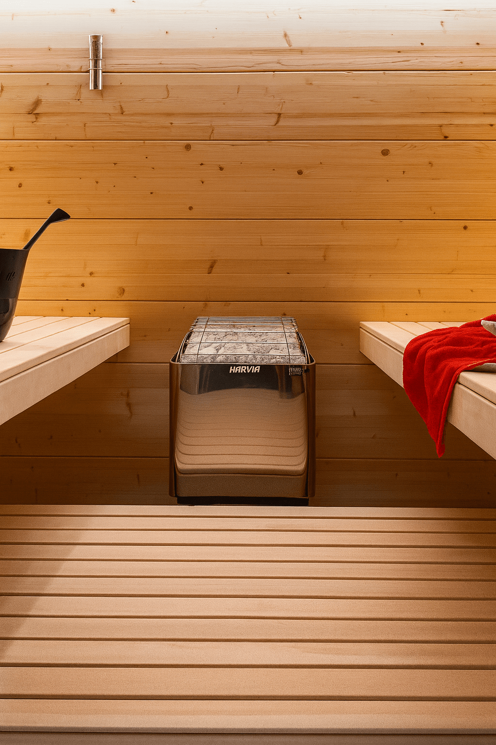 Harvia KIP30B electric sauna heater displayed in a wood-paneled sauna with benches and a water bucket