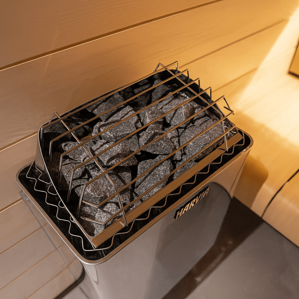 Harvia KIP30B electric sauna heater with stones and metal grill for optimal heating and relaxation