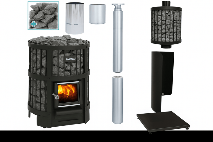 Harvia Legend 150 16kW wood-burning sauna stove with stone rocks and chimney components