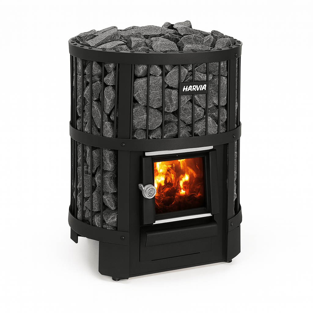 Harvia Legend 150 16kW wood-burning sauna stove with stone holder and glowing fire inside