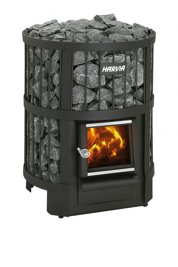 Harvia Legend 150 sauna heater with black metal frame filled with sauna stones and visible fire inside