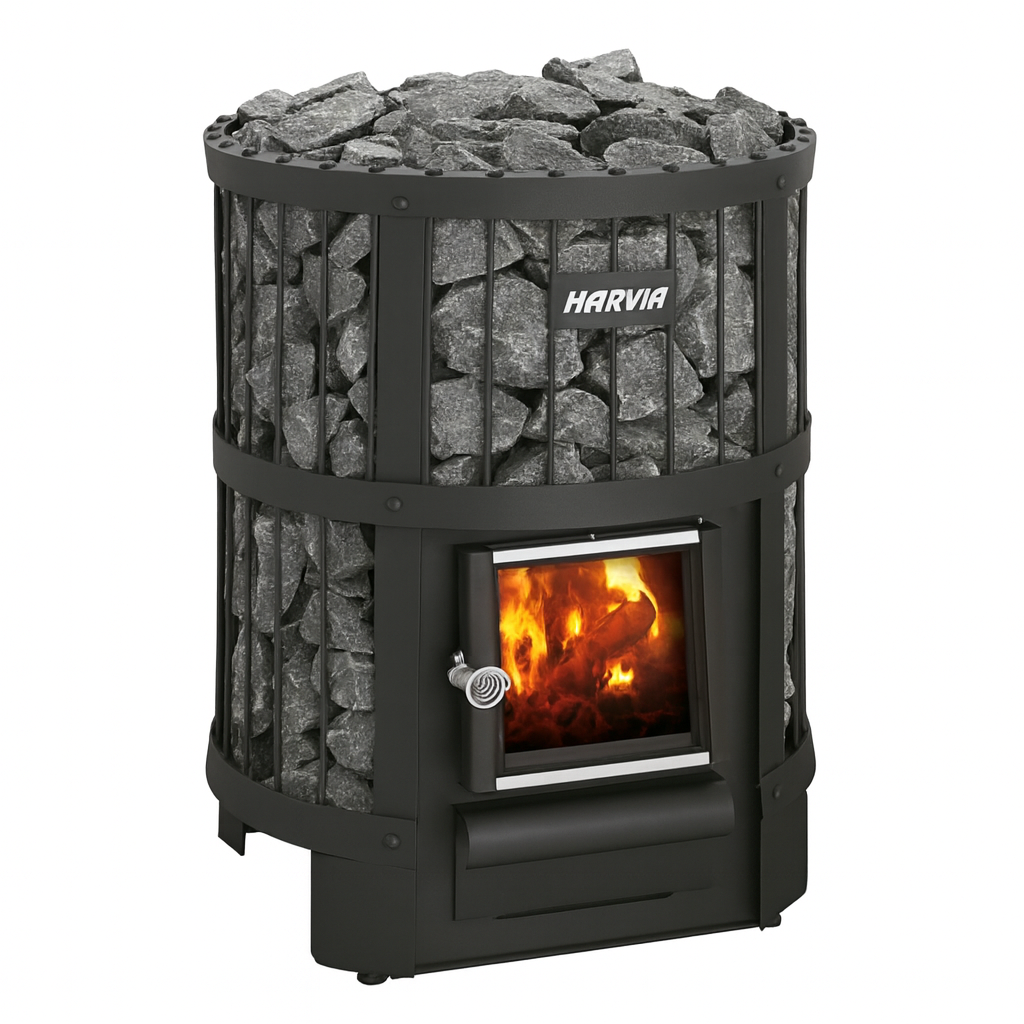 Harvia Legend 150 sauna heater with black metal frame and visible fire inside for traditional sauna heating
