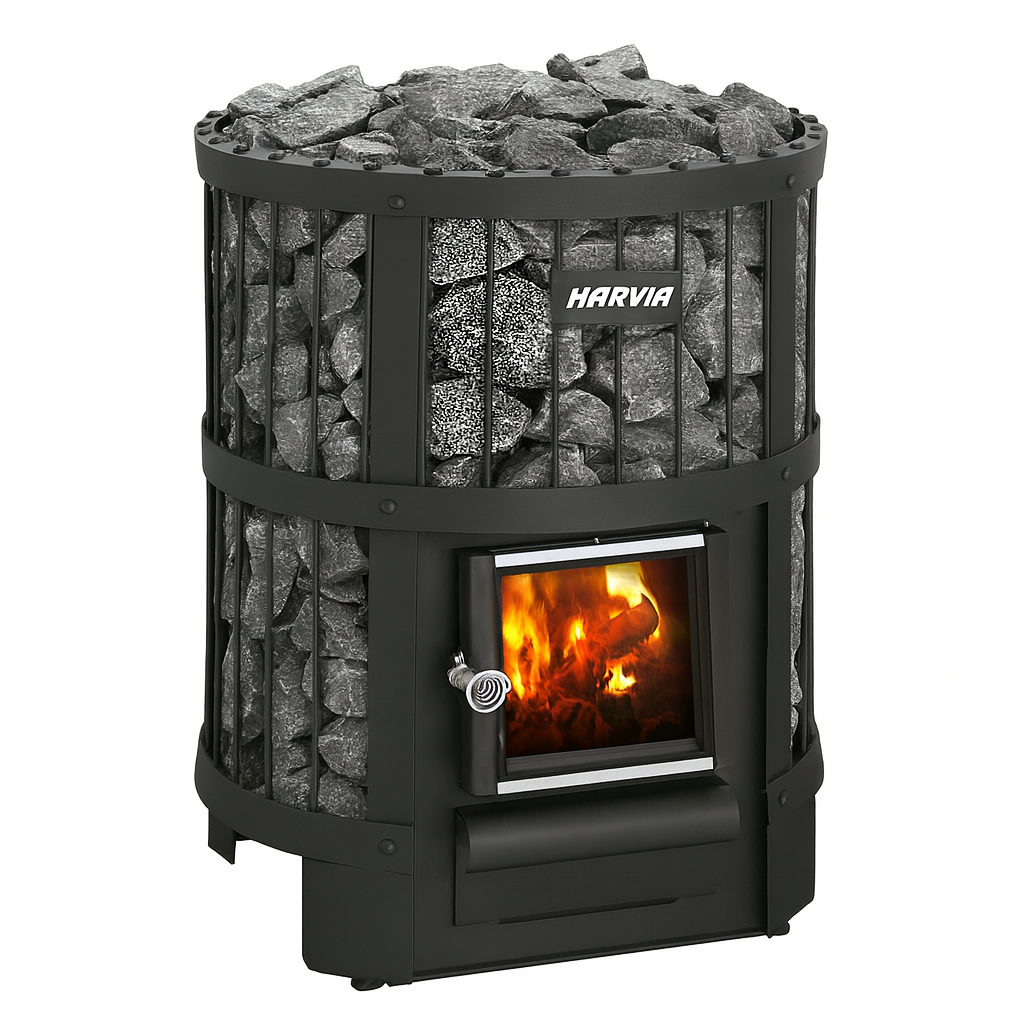 Harvia Legend 150 sauna heater with a stone compartment and a front viewing window for flame display