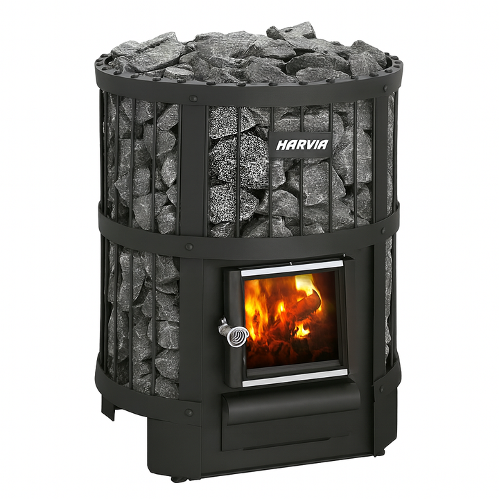 Harvia Legend 150 sauna heater with a stone compartment and a front viewing window for flame display