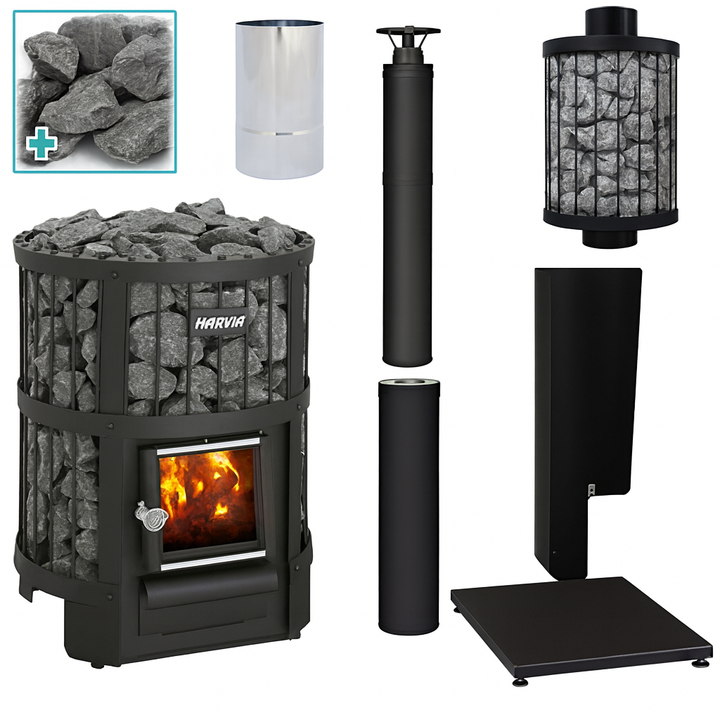 Harvia Legend 150 sauna heater with stones and black metal frame for traditional sauna heating