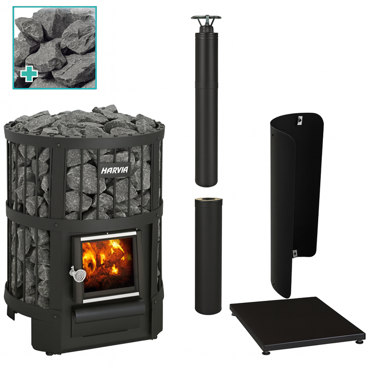 Harvia Legend 150 sauna heater with sauna stones and accessories in black metal design