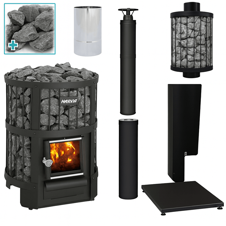 Harvia Legend 150 sauna heater with stone container and chimney for optimal heating in home saunas