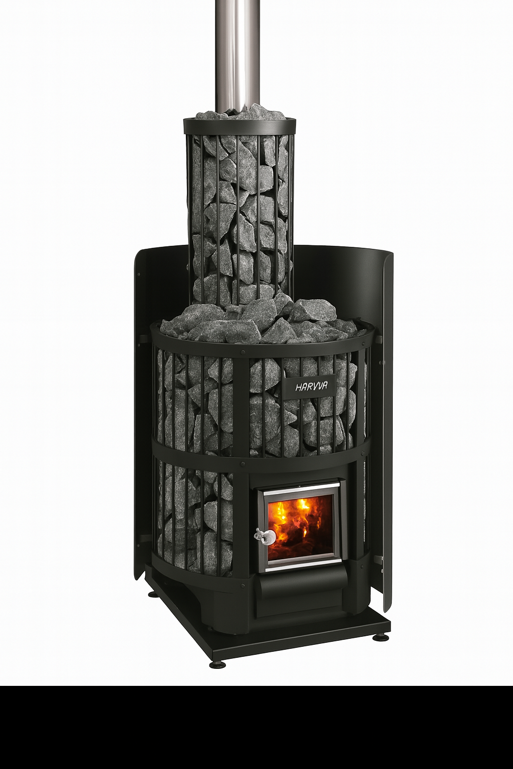 Harvia Legend 150 sauna heater featuring a sleek design with stone holder and glowing firebox