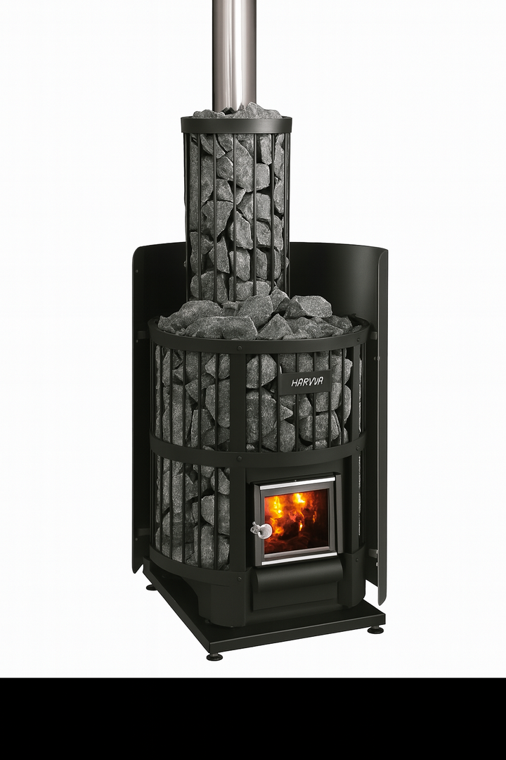 Harvia Legend 150 sauna heater featuring a sleek design with stone holder and glowing firebox