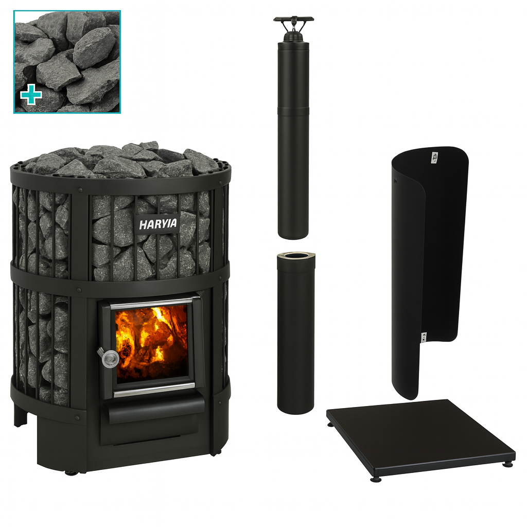 Harvia Legend 150 sauna heater with stone rack and chimney components for a relaxing sauna experience