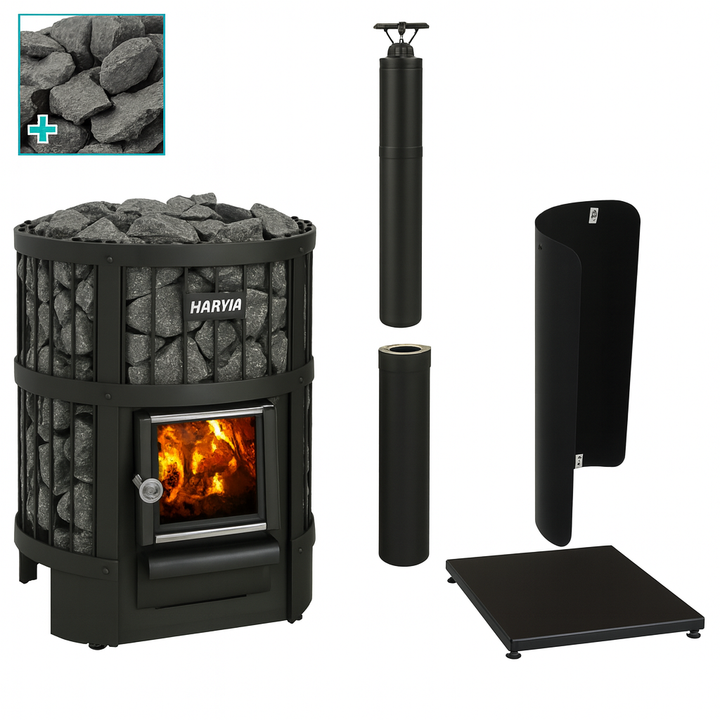 Harvia Legend 150 sauna heater with stone rack and chimney components for a relaxing sauna experience
