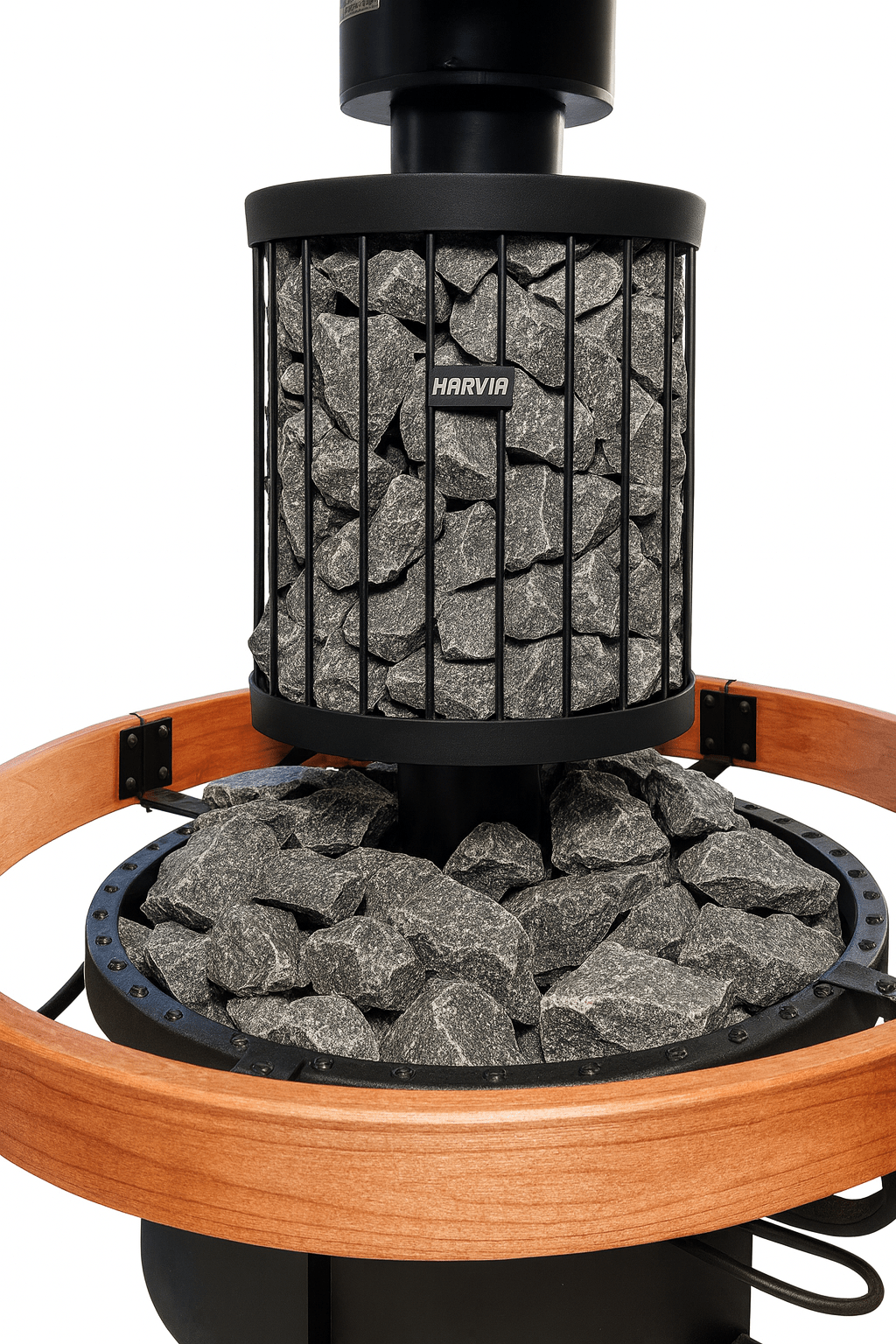 Harvia Legend 150 sauna heater with stone compartment and wooden base for a modern sauna experience