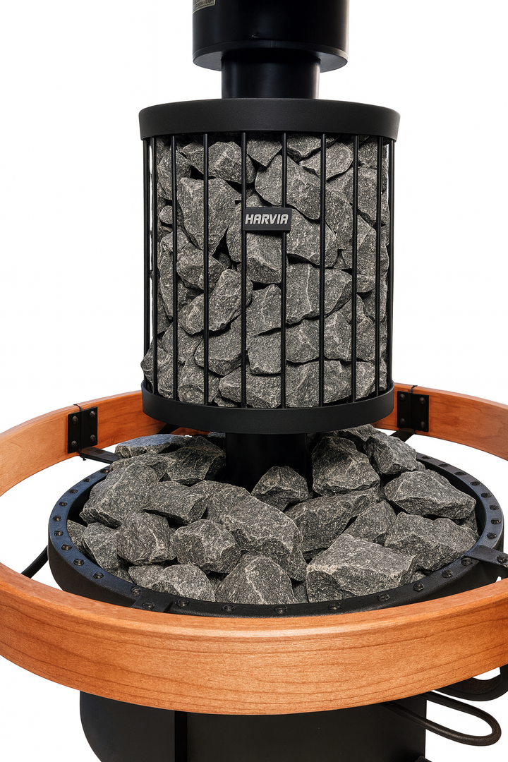 Harvia Legend 150 sauna heater with stacked sauna stones and wooden railing for traditional sauna heating