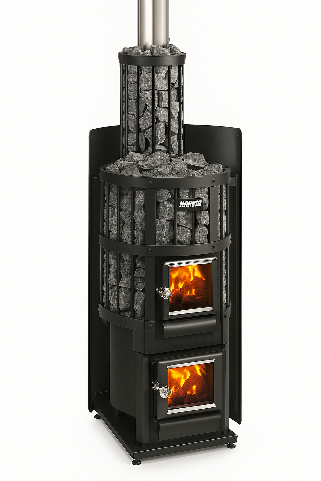 Harvia Legend 150 sauna heater with black metal frame and visible fire inside double glass doors