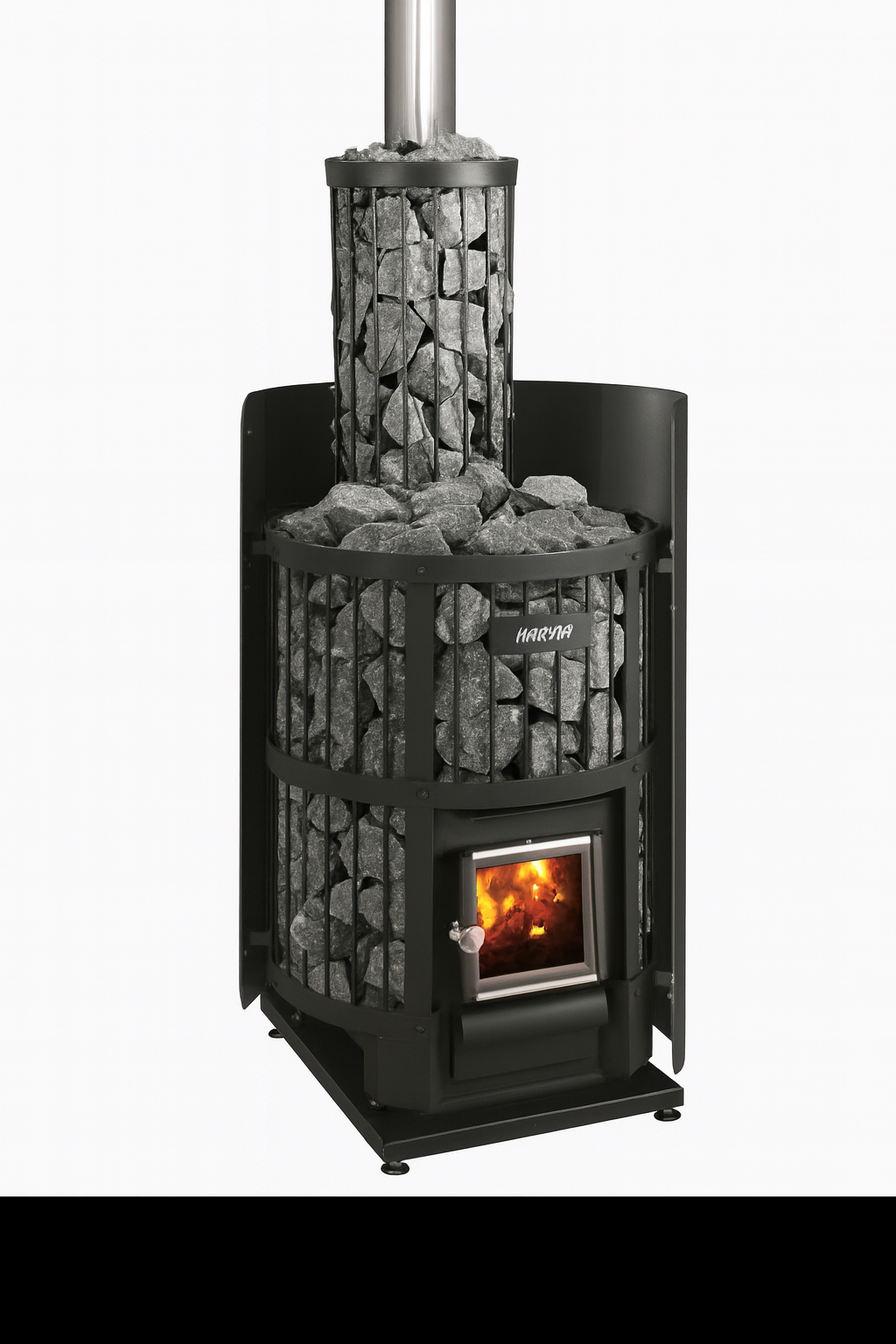 Harvia Legend 150 sauna heater with stones and visible fire chamber for traditional sauna heating