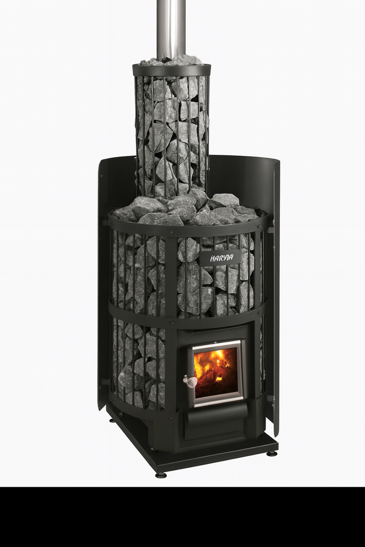 Harvia Legend 150 sauna heater with stones and visible fire chamber for traditional sauna heating