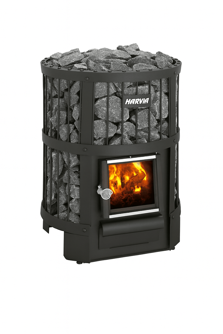 Harvia Legend 150 sauna stove with rock storage and a warm glowing fire, perfect for sauna enthusiasts