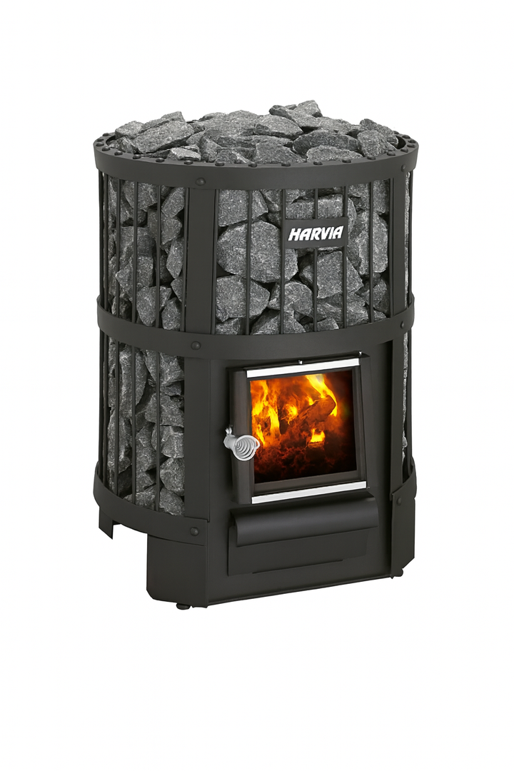 Harvia Legend 150 sauna stove with black metal frame and visible burning fire behind glass door