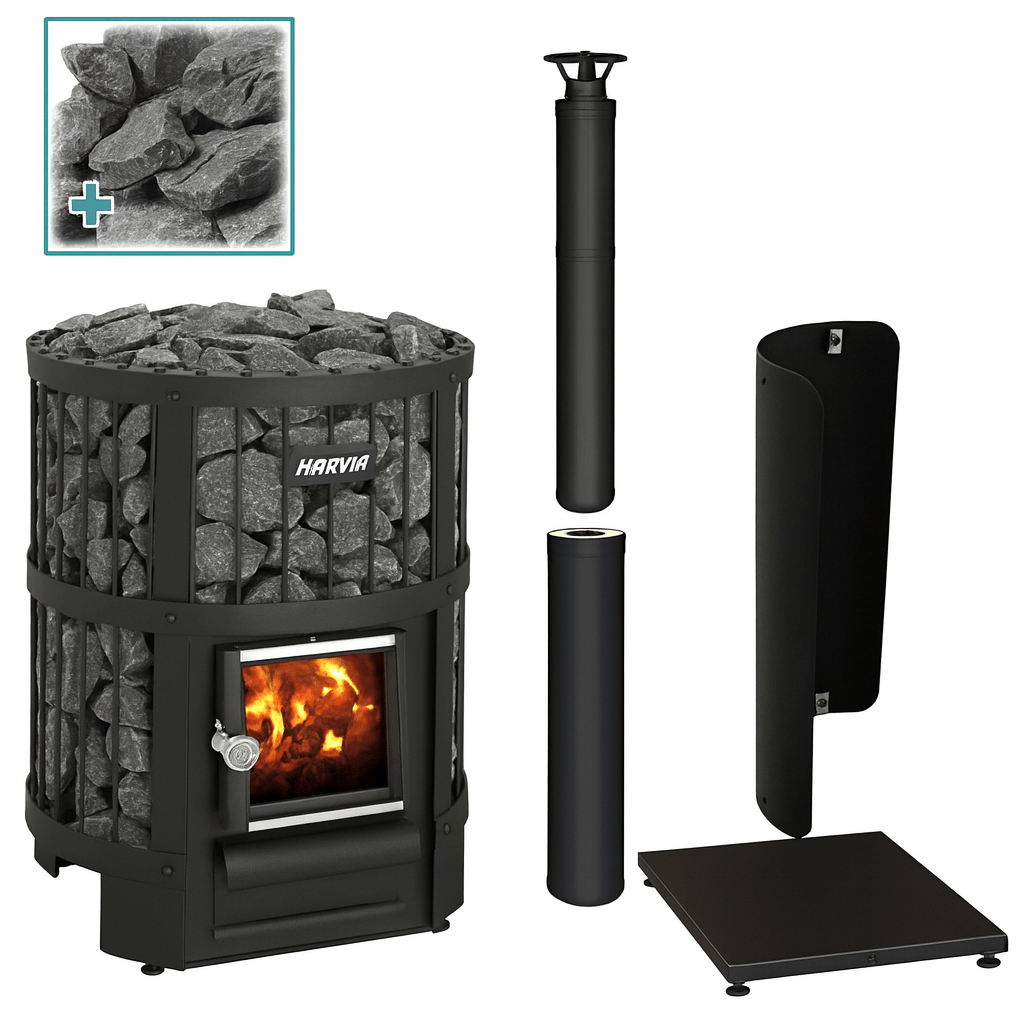 Harvia Legend 150 sauna stove with lava rocks and chimney components for efficient heating