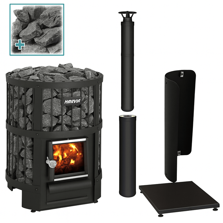 Harvia Legend 150 sauna stove with lava rocks and chimney components for efficient heating