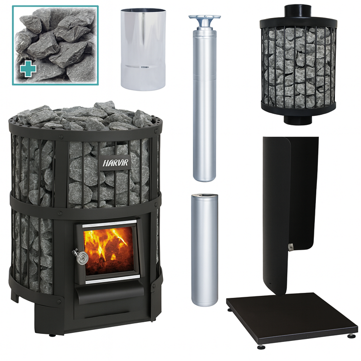 Harvia Legend 150 wood-burning sauna stove with black metal frame and sauna stones included