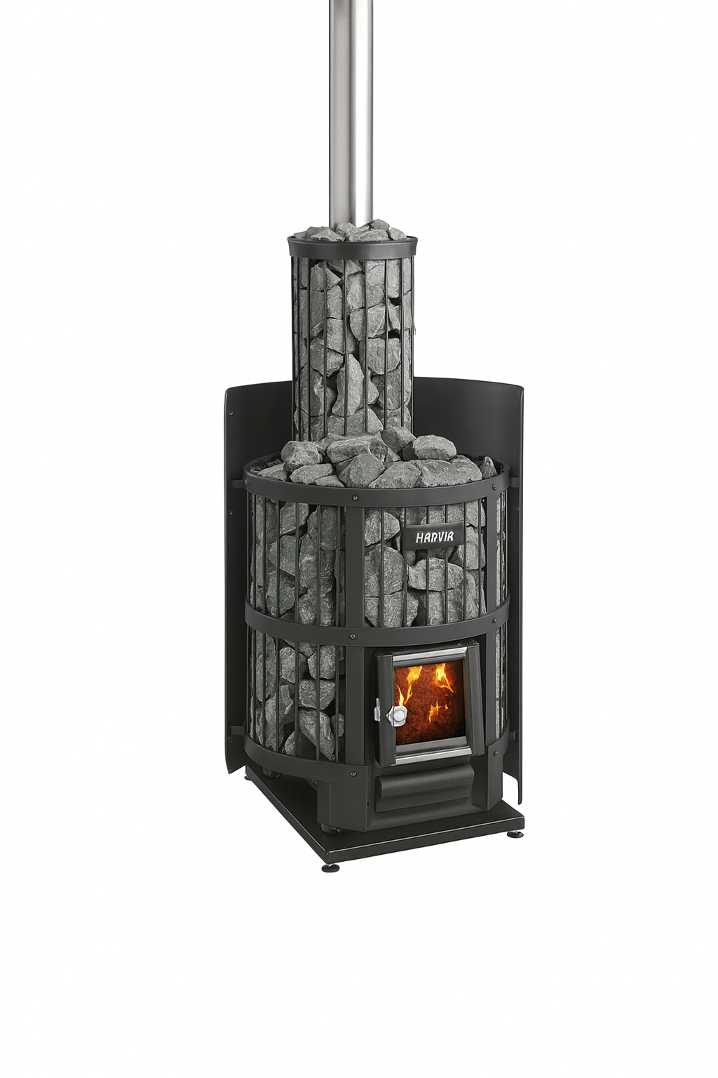 Harvia Legend 150 wood-burning sauna stove filled with sauna stones and visible fire inside