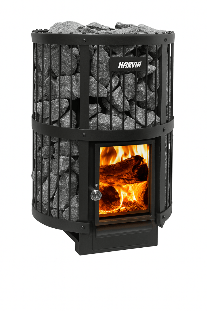 Harvia Legend 240GF sauna heater with stone basket and wood-burning fire feature for superior sauna experience