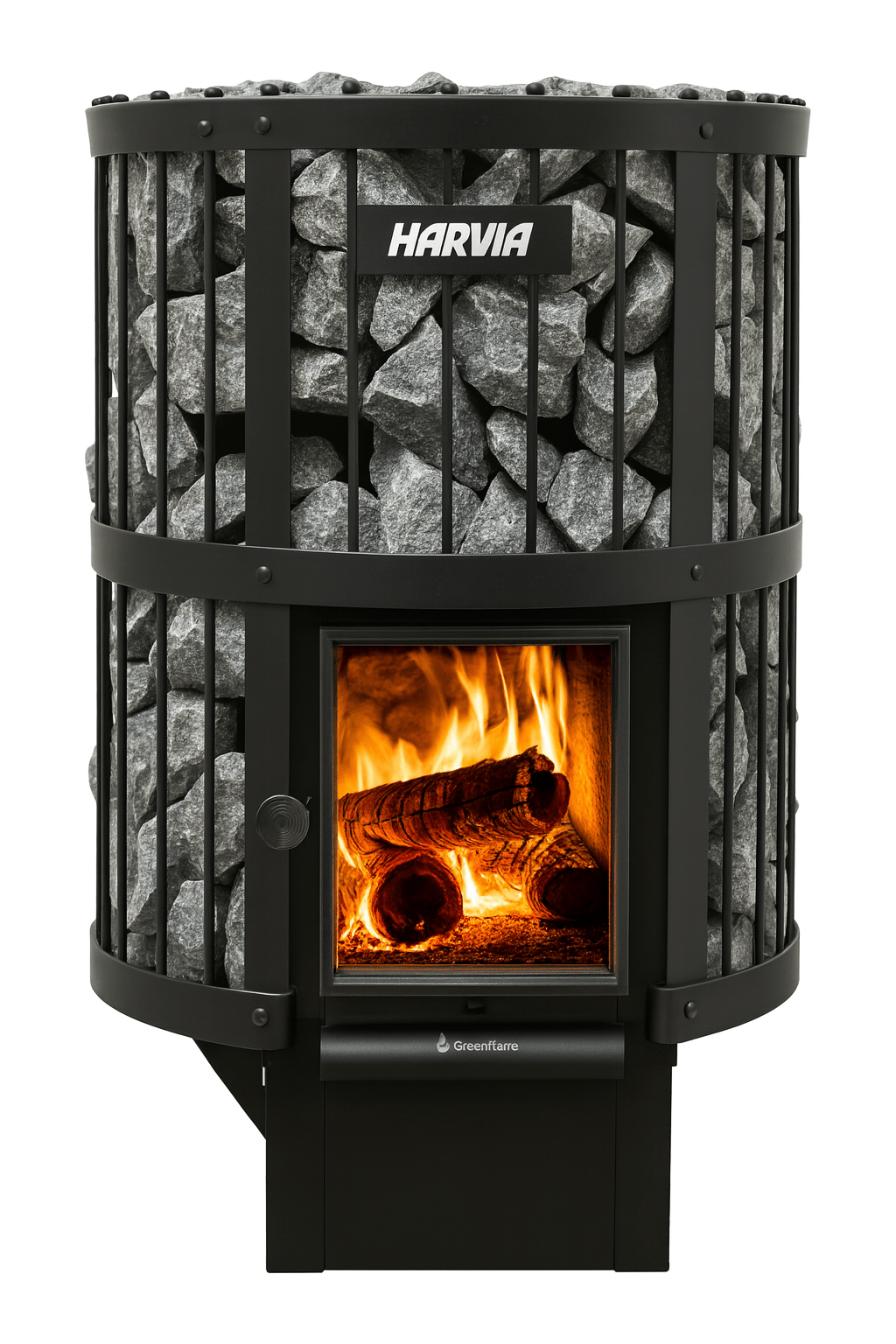 Harvia Legend 240GF sauna heater with stone compartment and glowing fire for an authentic sauna experience