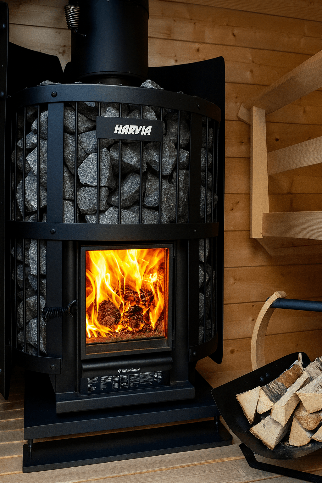 Harvia Legend 240GF sauna heater with glowing fire and stacked stones for efficient heating