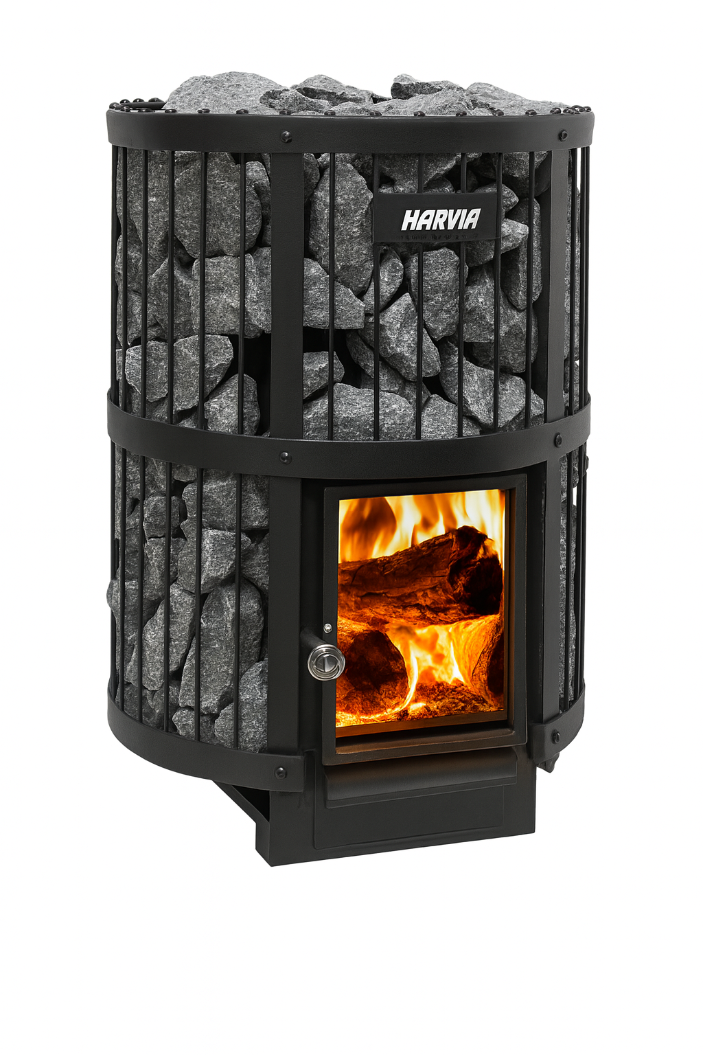 Harvia Legend 240GF sauna heater with stone enclosure and visible fire chamber for authentic sauna experience