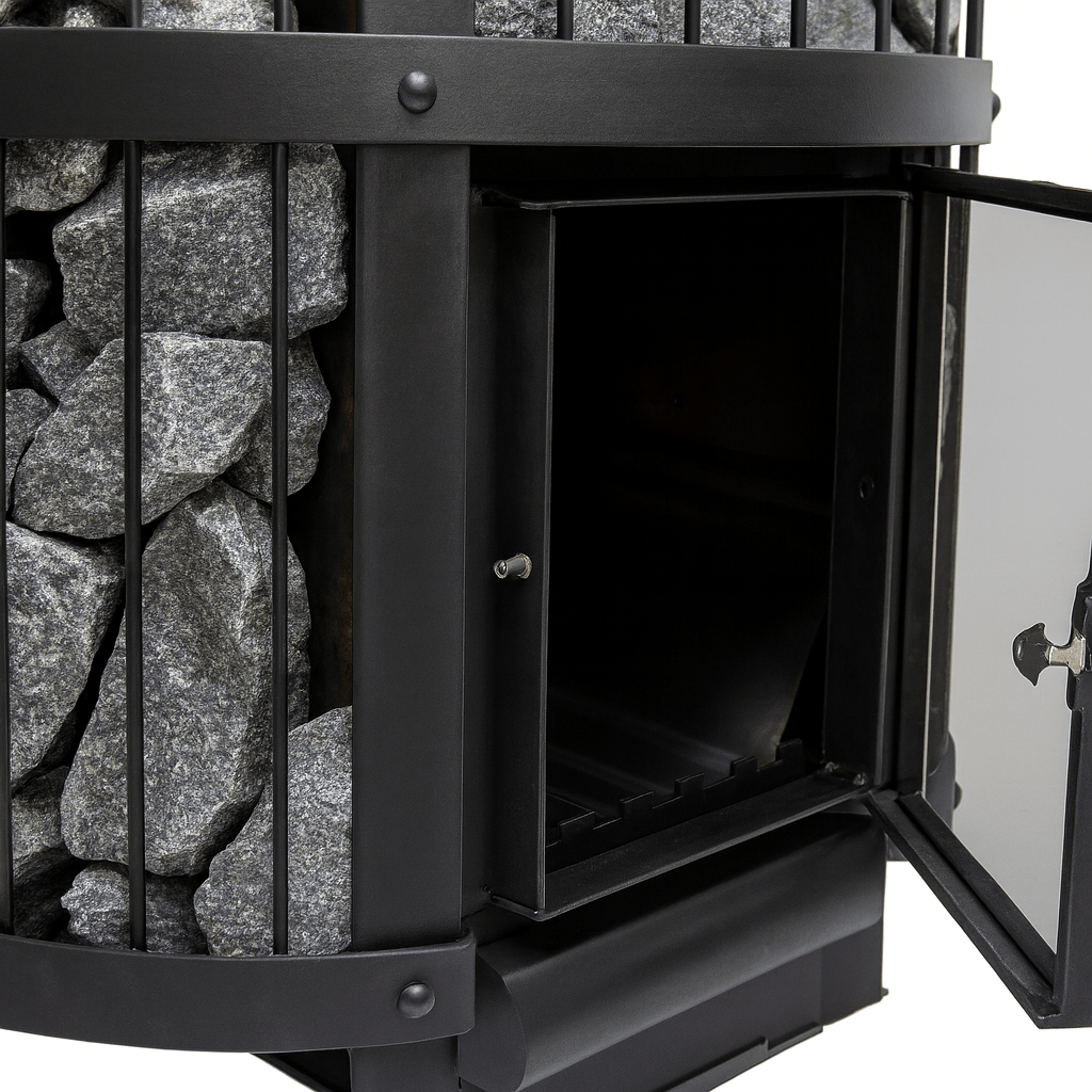 Harvia Legend 240GF sauna heater showcasing stone compartment and glass door for easy access