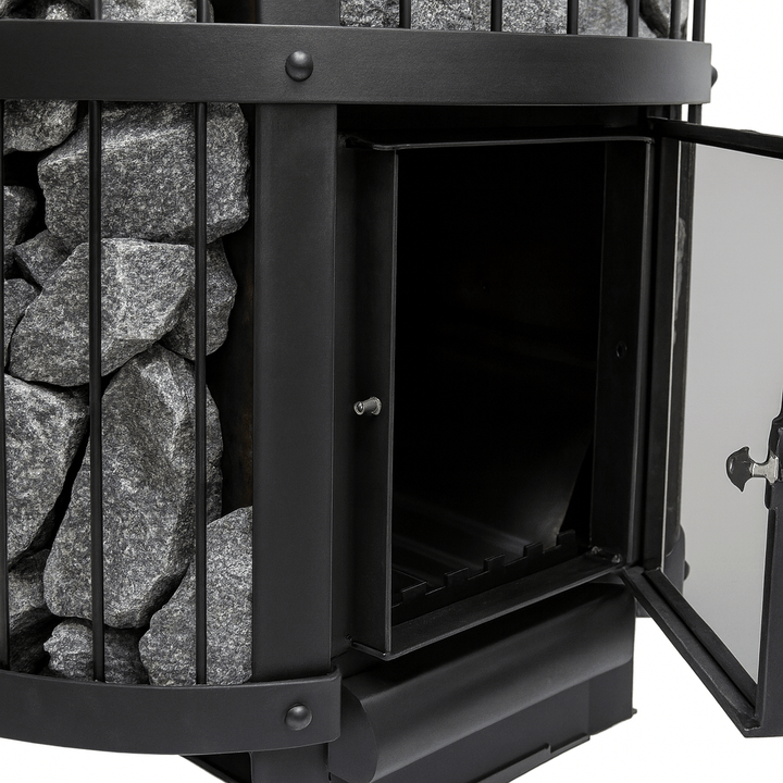 Harvia Legend 240GF sauna heater showcasing stone compartment and glass door for easy access