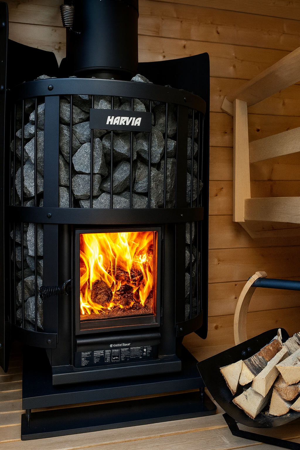 Harvia Legend 240GF sauna heater with fire burning inside and sauna stones in a wooden sauna room