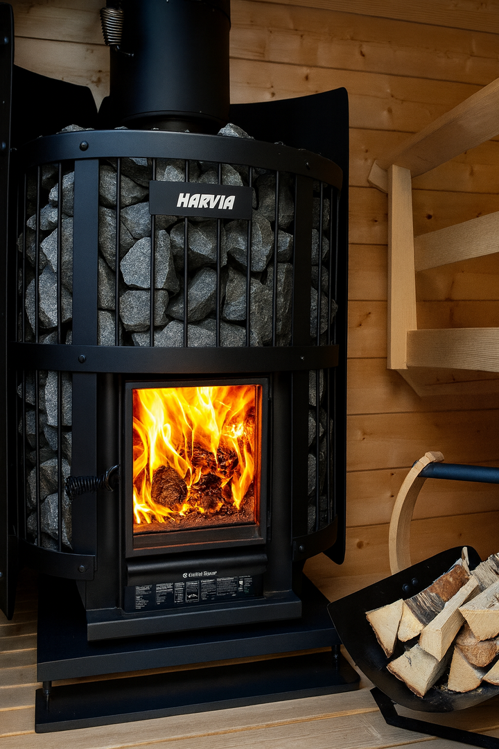 Harvia Legend 240GF sauna heater with fire burning inside and sauna stones in a wooden sauna room