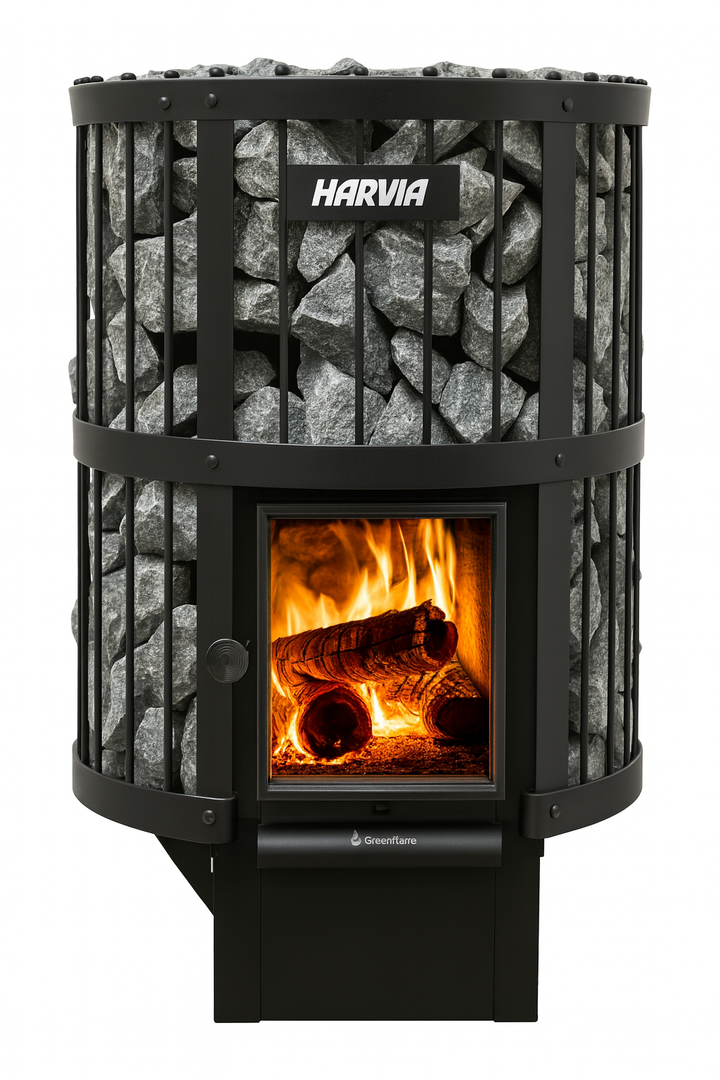 Harvia Legend 240GF sauna heater with black metal frame and stones surrounding the burning firebox