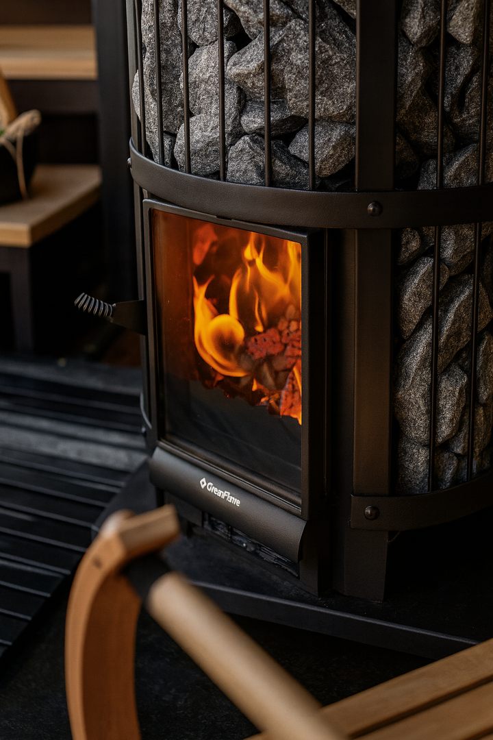 Harvia Legend 240GF sauna heater with black metal frame and glowing fire inside surrounded by sauna stones