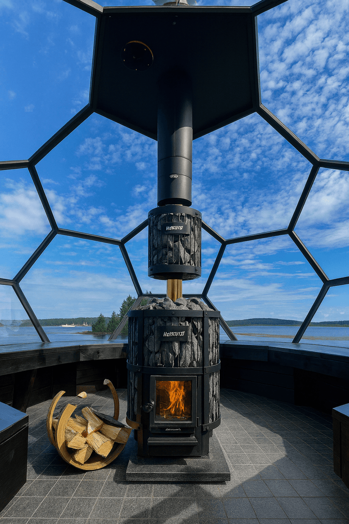 Harvia Legend 240GF sauna heater installed in a modern glass pavilion with a wood storage rack