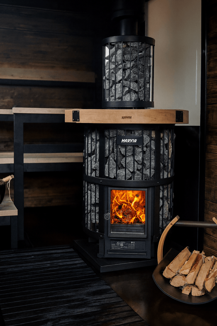 Harvia Legend 240GF sauna heater with stylish stone design and roaring fire for optimal heat