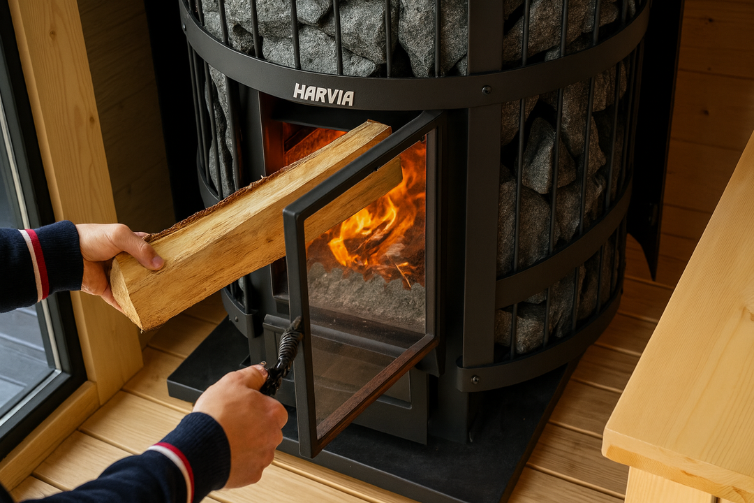 Harvia Legend 240GF sauna heater with wood fire and stone enclosure being loaded with a firewood log