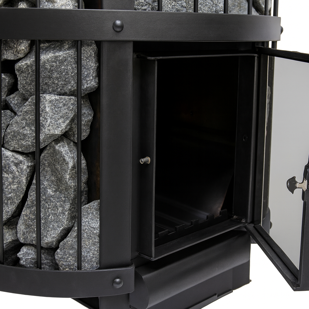 Close up of Harvia Legend 240GF sauna heater with black metal frame and sauna stones inside