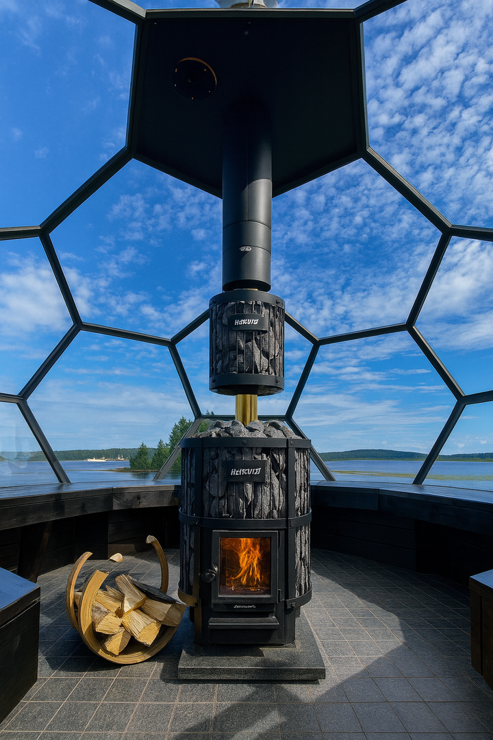 Harvia Legend 240GF sauna heater with wood-burning stove and stacked sauna stones inside a glass sauna room