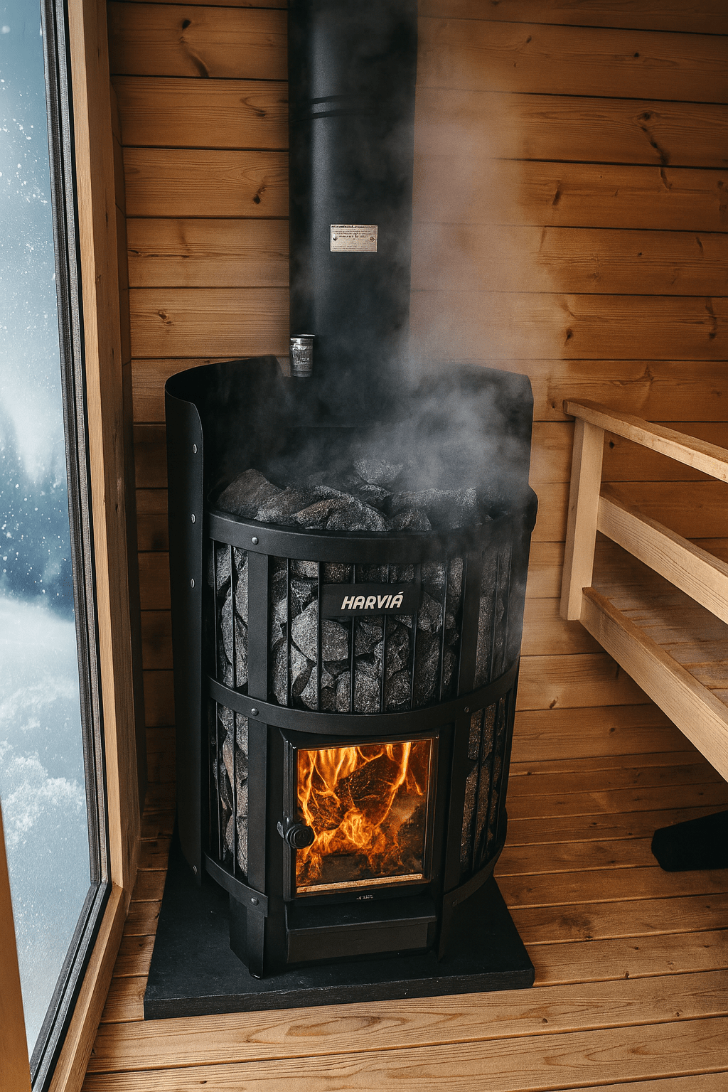 Harvia Legend 240GF sauna heater with glowing fire and steam in a wooden sauna interior