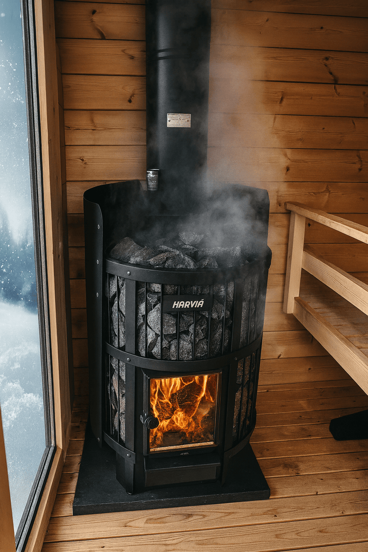 Harvia Legend 240GF sauna heater with glowing fire and steam in a wooden sauna interior
