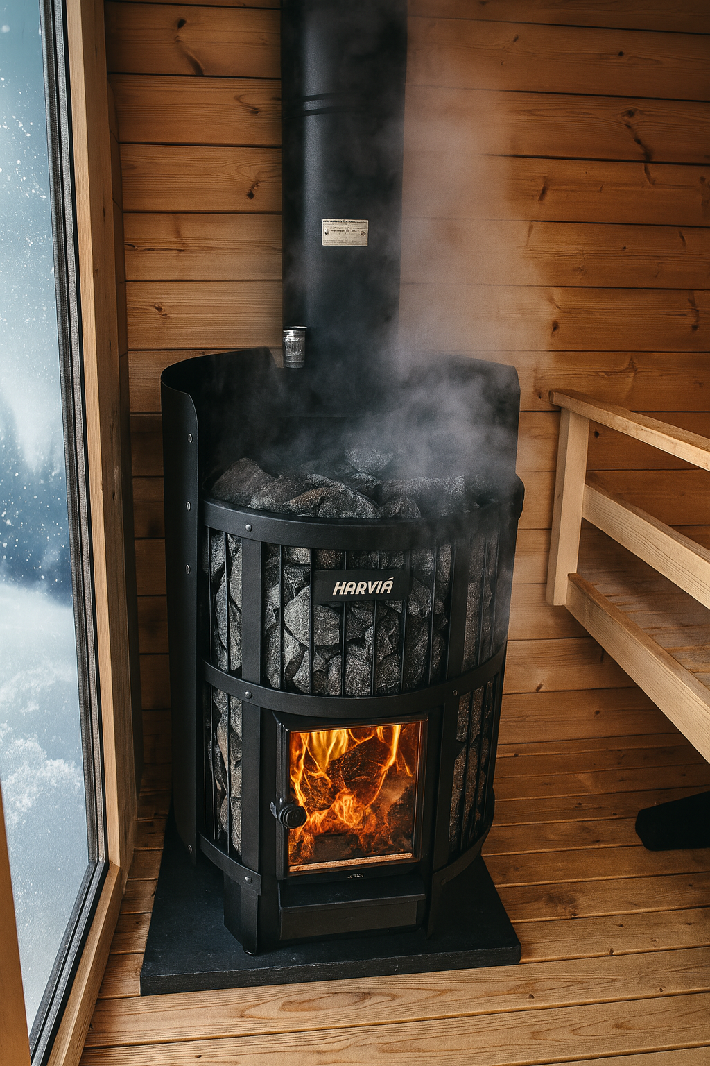 Harvia Legend 240GF sauna heater with visible fire and heated sauna stones in wooden sauna room
