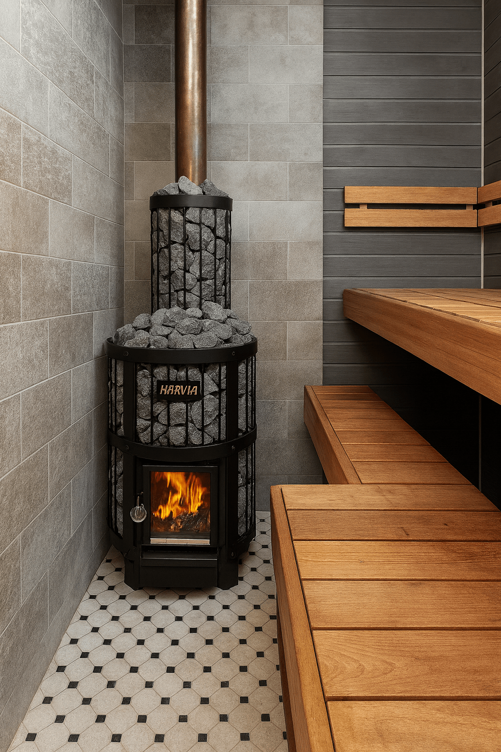 Harvia Legend 240SL Sauna Heater with a stylish design and stacked stones, perfect for home saunas
