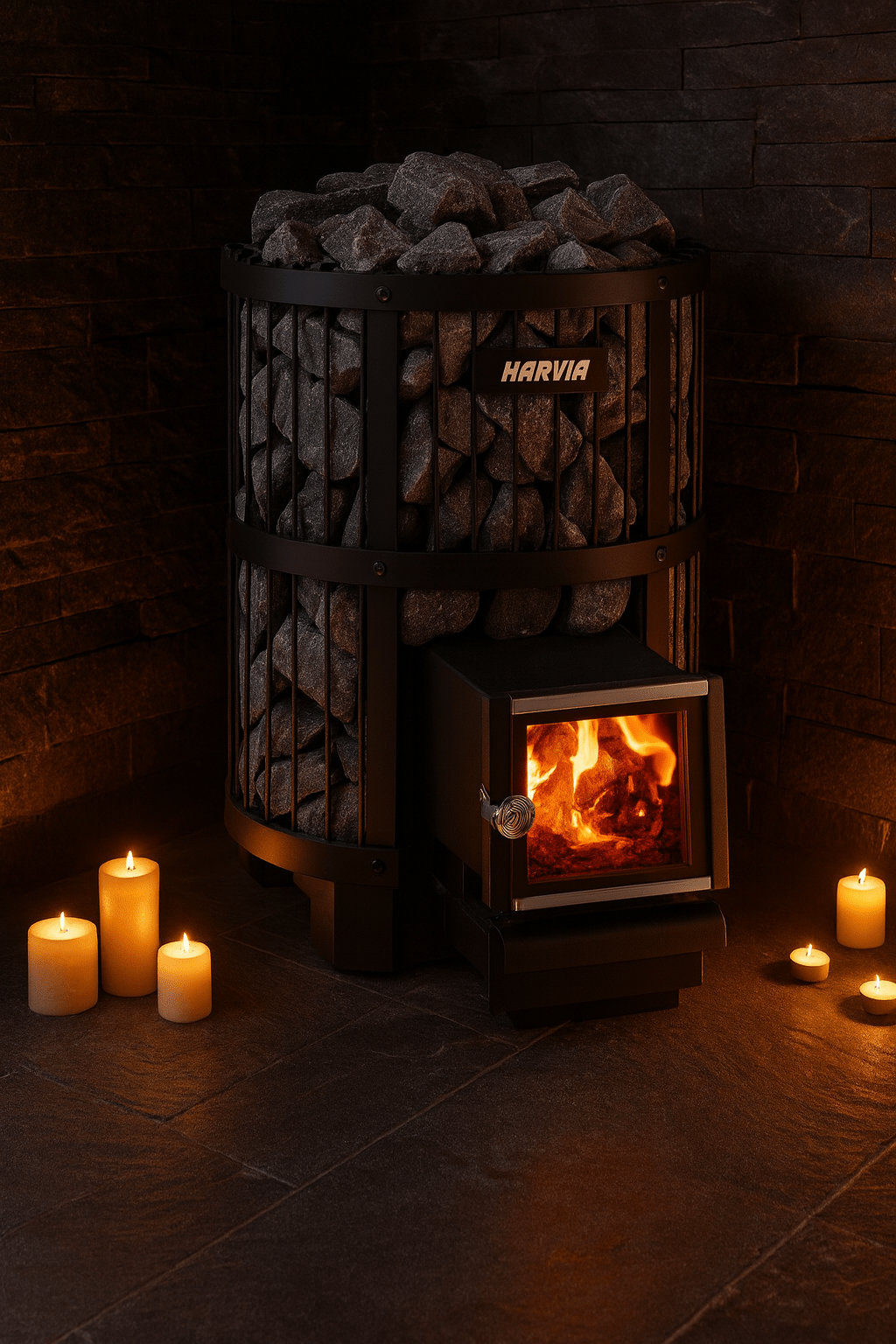 Harvia Legend 240SL Sauna Heater with stones and warm glow, perfect for an authentic sauna experience