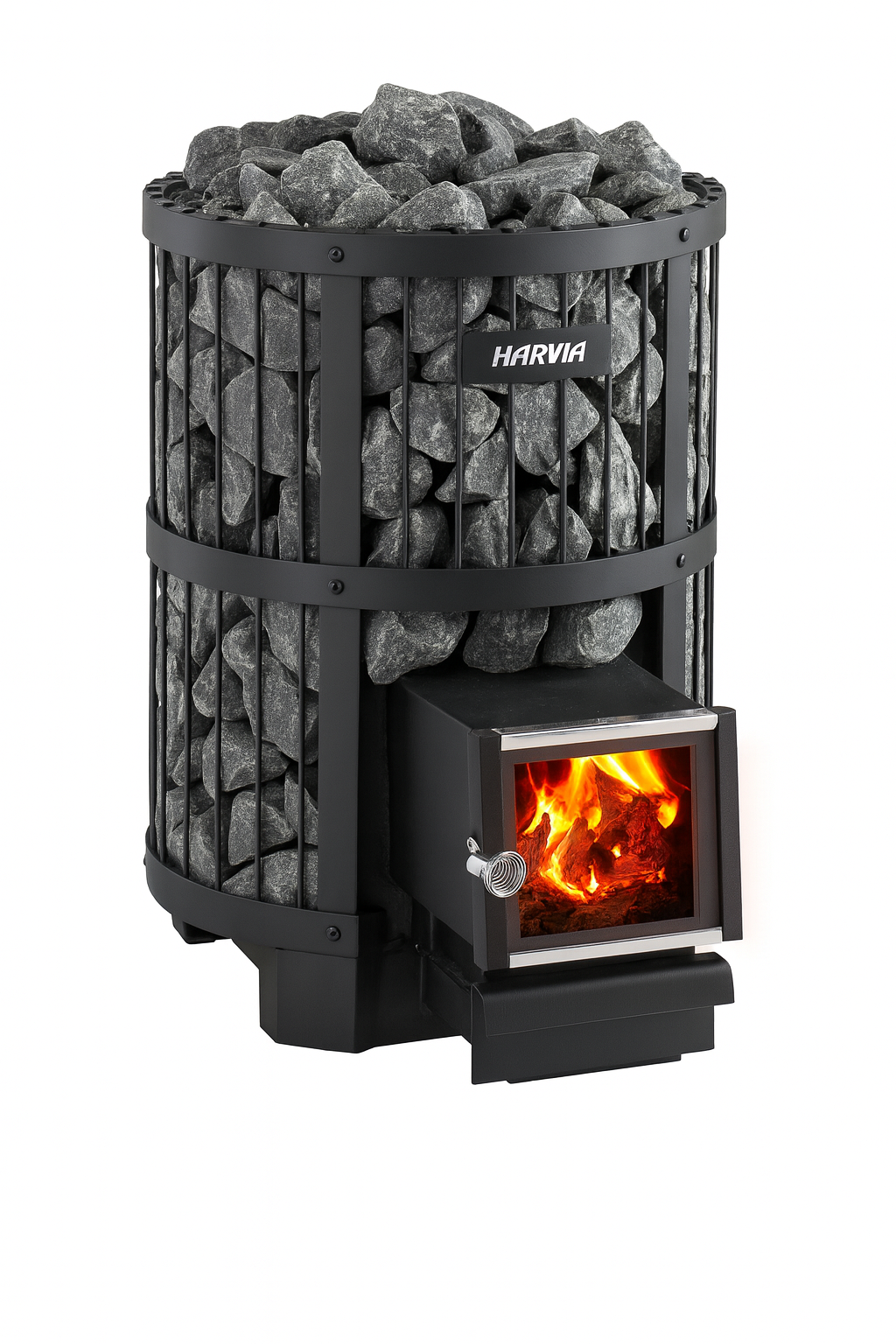 Harvia Legend 240SL sauna heater with metal frame filled with sauna stones and visible fire inside the stove