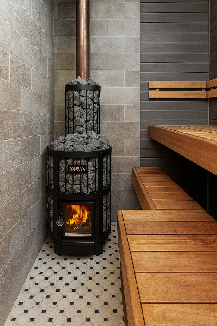 Harvia Legend 240SL sauna heater with visible fire and sauna stones inside a wooden sauna room